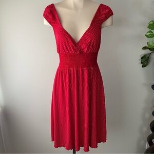 Blush Rockabilly Polka Dot Midi Dress Smocked Waist Red White Size Small